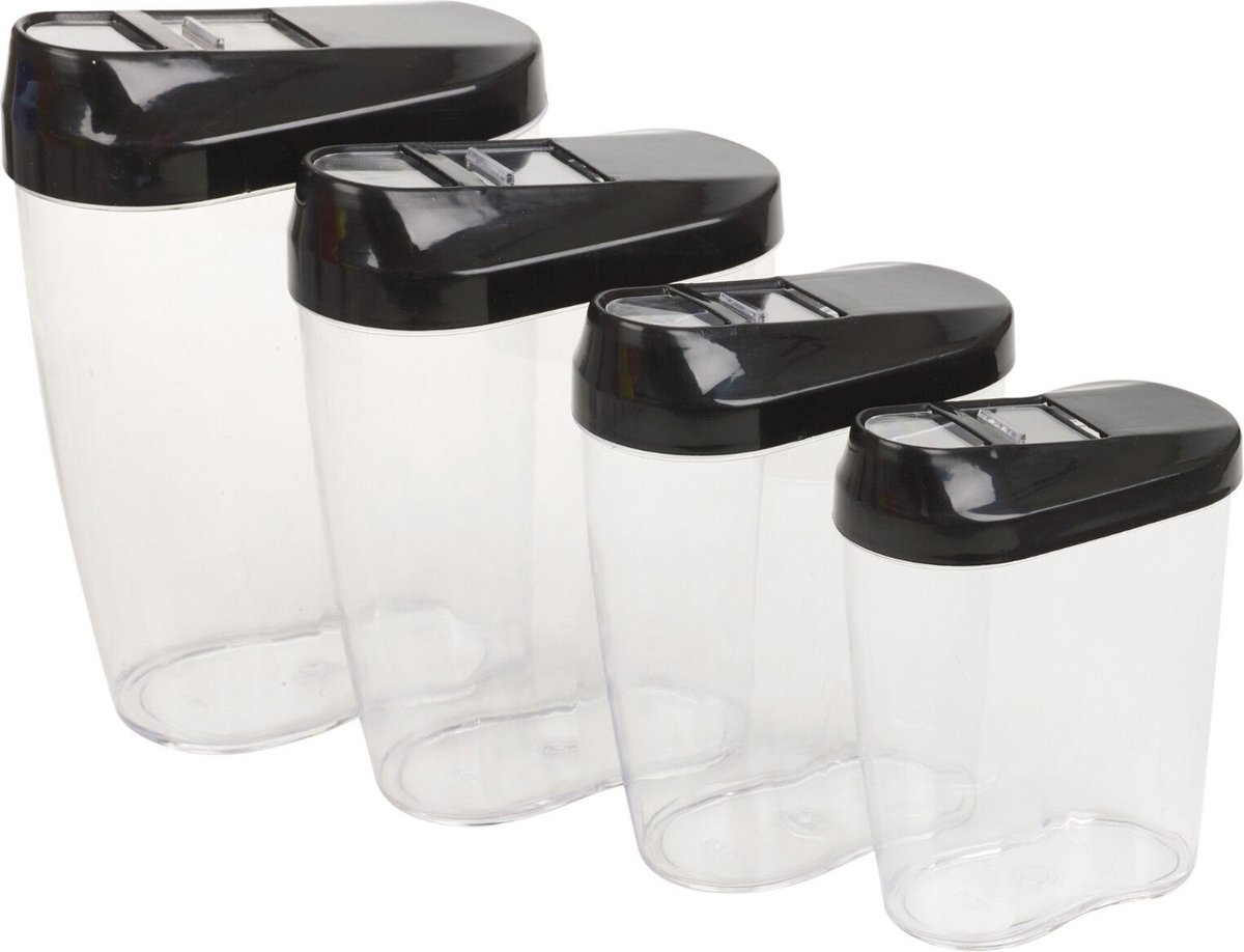 Voorraad potten Set - vershouddoosjes - 4 Delig - 1.25 l/ 0.85l/ 0.6l/ 0.5l - BPA Vrij - Zwart - Vaatwasbestendig - geschikt voor alle type Droog Voedsel - Incl Clip
