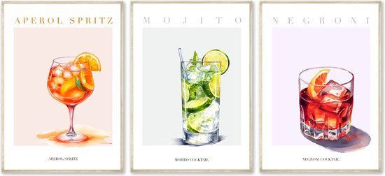 NINETY4 studio - 3 x A4 Cocktail Posters - Posters voor Tieners - Posters voor Keuken - Cocktail Prints