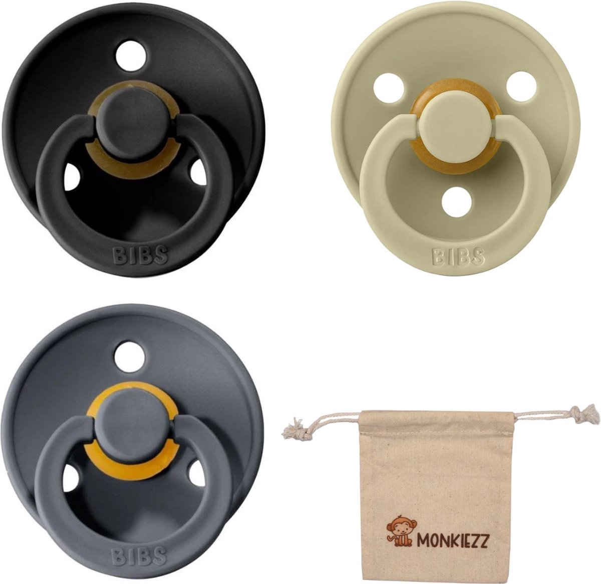 Goedkoopste Bibs fopspeen - maat 1 0-6 maanden - set 3 stuks – Black - Khaki - Iron Monkiezz speenzakje