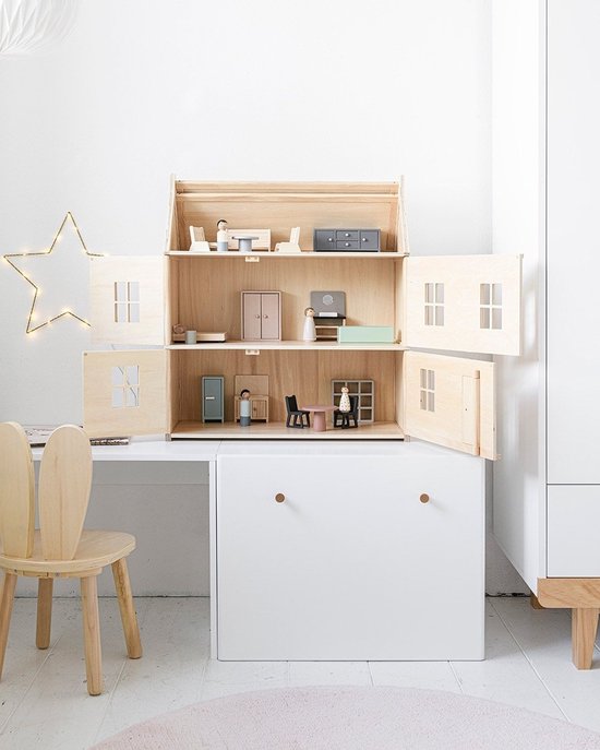 Petite Amélie Houten Poppenhuis Klassiek Naturel - H.16 cm - Geïnspireerd door Franse Huizen - Drie Verdiepingen vol Franse Charme