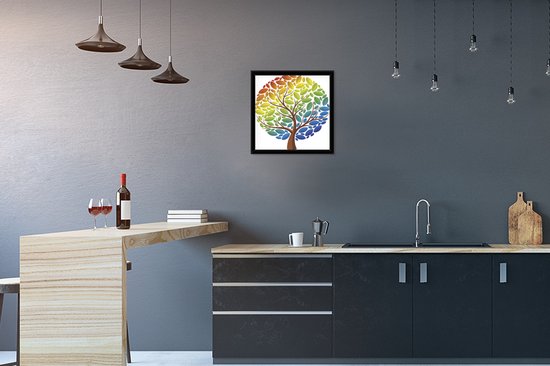 Photo en cadre - Une illustration d'un arbre brun aux feuilles colorées Cadre photo noir 60x80 cm - Affiche sous cadre (Décoration murale salon / chambre)