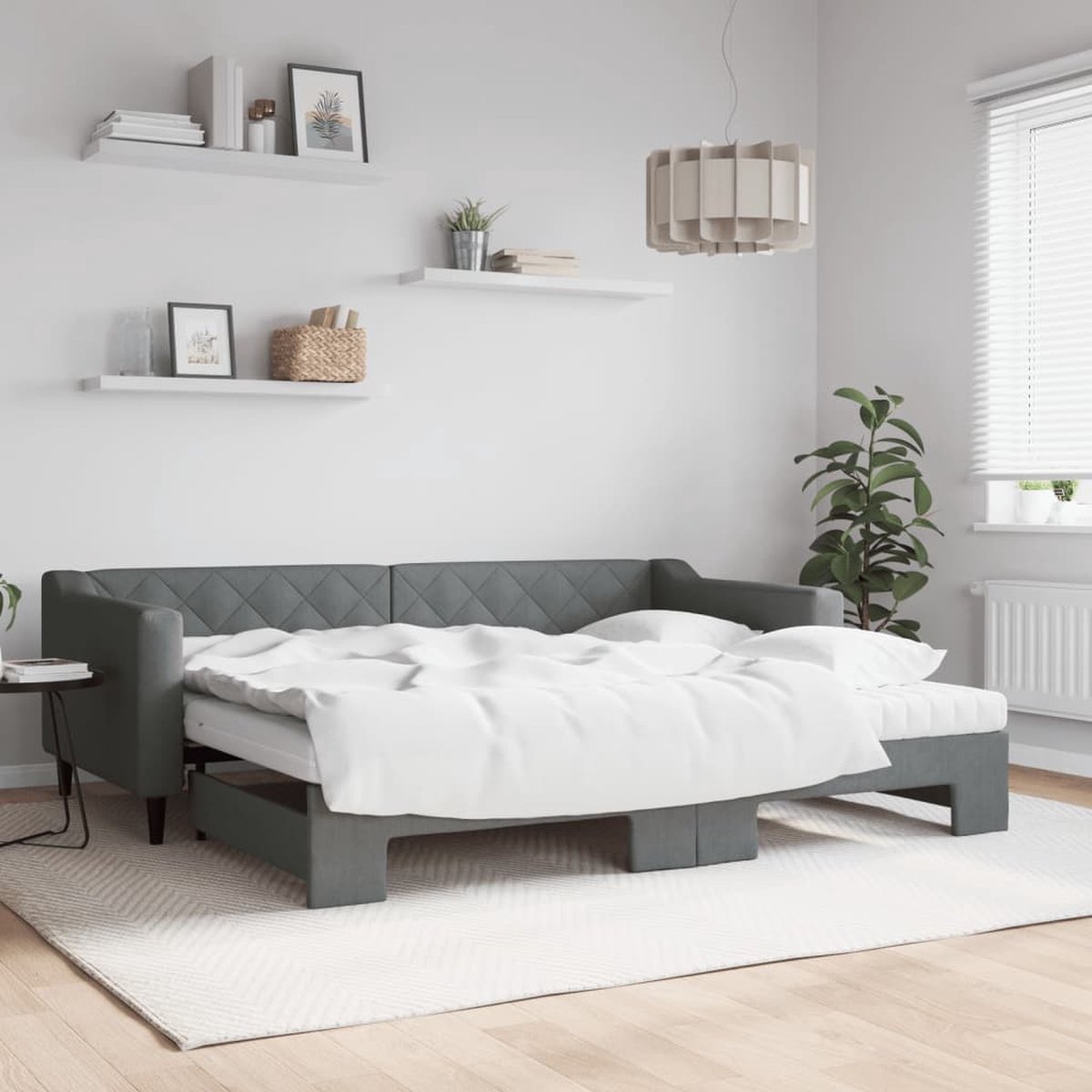 vidaXL Slaapbank - onderschuifbed - matrassen - 90x200 - cm - stof - donkergrijs