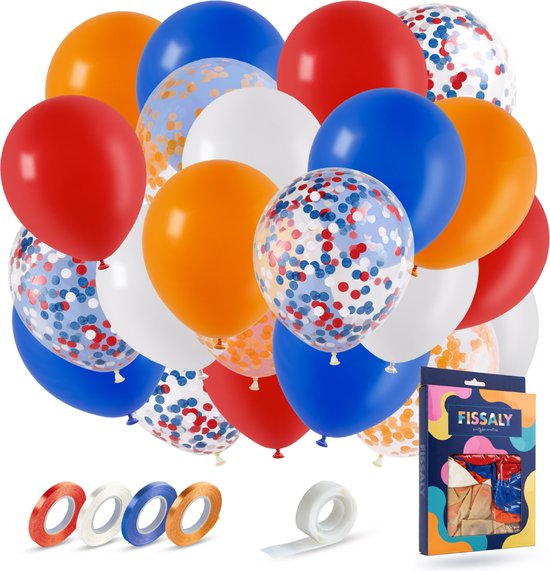 Fissaly 40 Ballons Hélium Rouge, Blanc, Bleu & Orange avec Ruban - Fête du Roi - Décoration d'Anniversaire - Décoration - Confettis en Papier - Latex