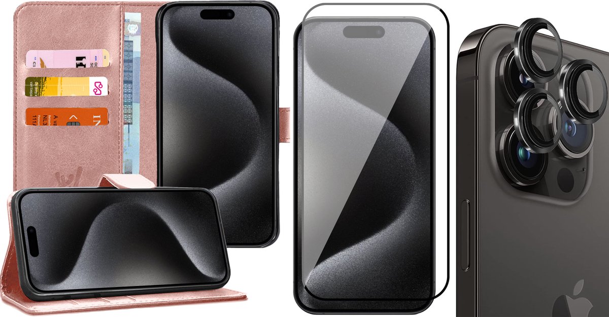 Hoesje geschikt voor iPhone 15 Pro Max - Screenprotector FullGuard & Camera Lens Screen Protector Zwart - Book Case Kunstleer Pasjeshouder Rosegoud
