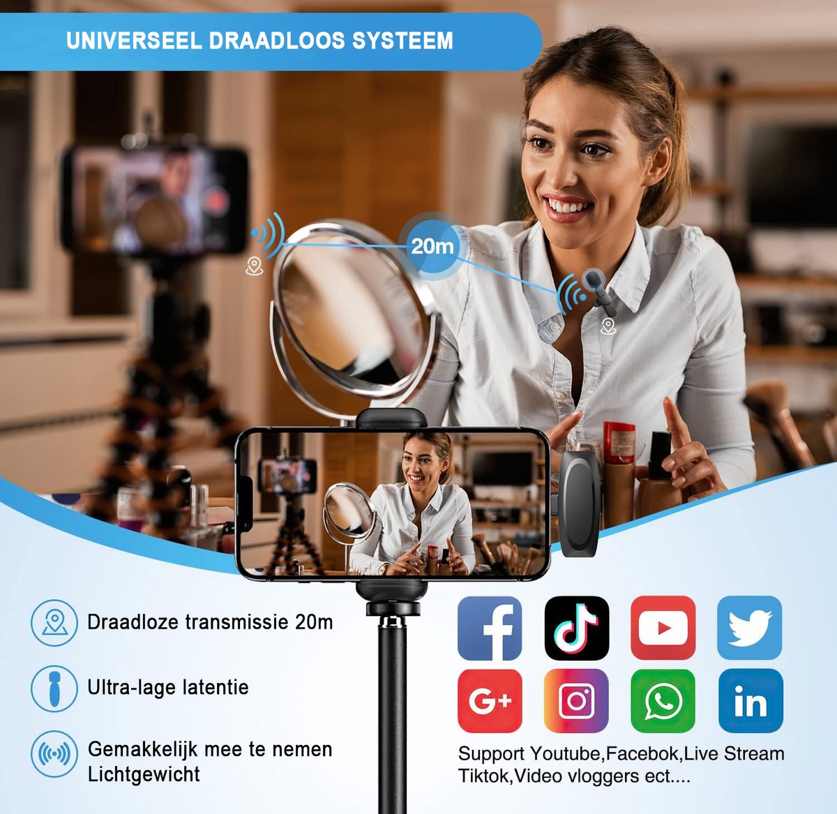 Leettus Lavalier draadloze microfoon voor iPhone iPad, draadloze microfoon voor video-opname, live streaming van games, interviews, YouTube, TikTok, Vlog, 2 stuks