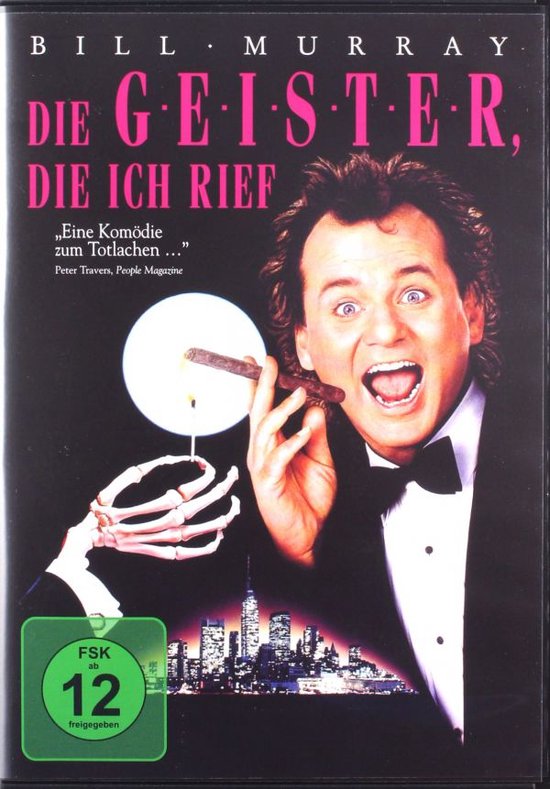 Bill Murray met sigaar en strikje voor neon-letters "DIE GEISTER, DIE ICH RIEF", in de hand een skelet met kaars.