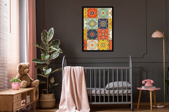 Fotolijst incl. Poster - Vintage - Bloemen - Patroon - Wit - Oranje - 80x120 cm - Posterlijst