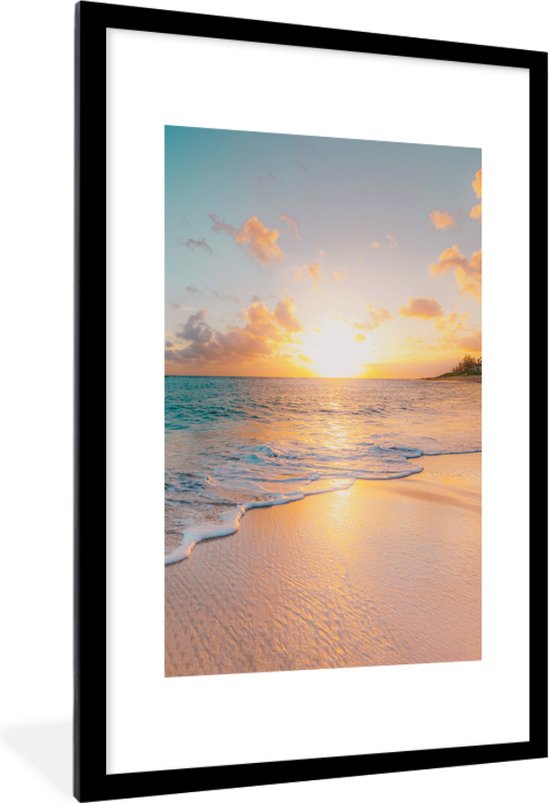 Poster in lijst - Fotolijst 40x60 cm - Posters - Zonsondergang - Strand - Zee - Zomer - Blauw - Posterlijst zwart - Decoratie - Wanddecoratie woonkamer - Muurdecoratie slaapkamer