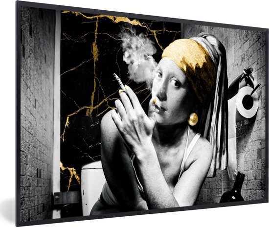 Fotolijst incl. Poster - Marmerlook - Meisje met de parel - Sigaretten - Toilet - Goud - Kunst - Oude meesters - 30x20 cm - Posterlijst