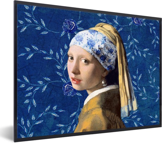 Fotolijst incl. Poster - Meisje met de parel - Delfts blauw - Vermeer - Bloemen - Schilderij - Oude meesters - 80x60 cm - Posterlijst