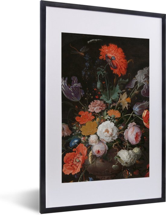 Fotolijst incl. Poster - Stilleven met bloemen en een horloge - Schilderij van Abraham Mignon - 40x60 cm - Posterlijst