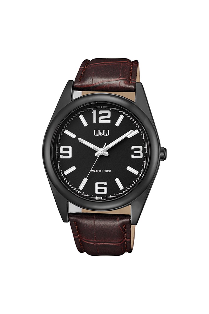 QQ Q68A-002PY - Horloge - Analoog - Heren - Mannen - Leren band - Rond - Metaal - Cijfers - Strepen - Bruin - Gun - Zilverkleurig - 3 ATM