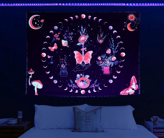 WEBEEDY Glow In The Dark Wasserfall Wandteppich Lila Galaxy Pilz Landschaft Wandteppiche UV Reaktiv Ästhetischer Leuchtender Wandbehang Für Schlafzimmer Wohnzimmer 130x150cm