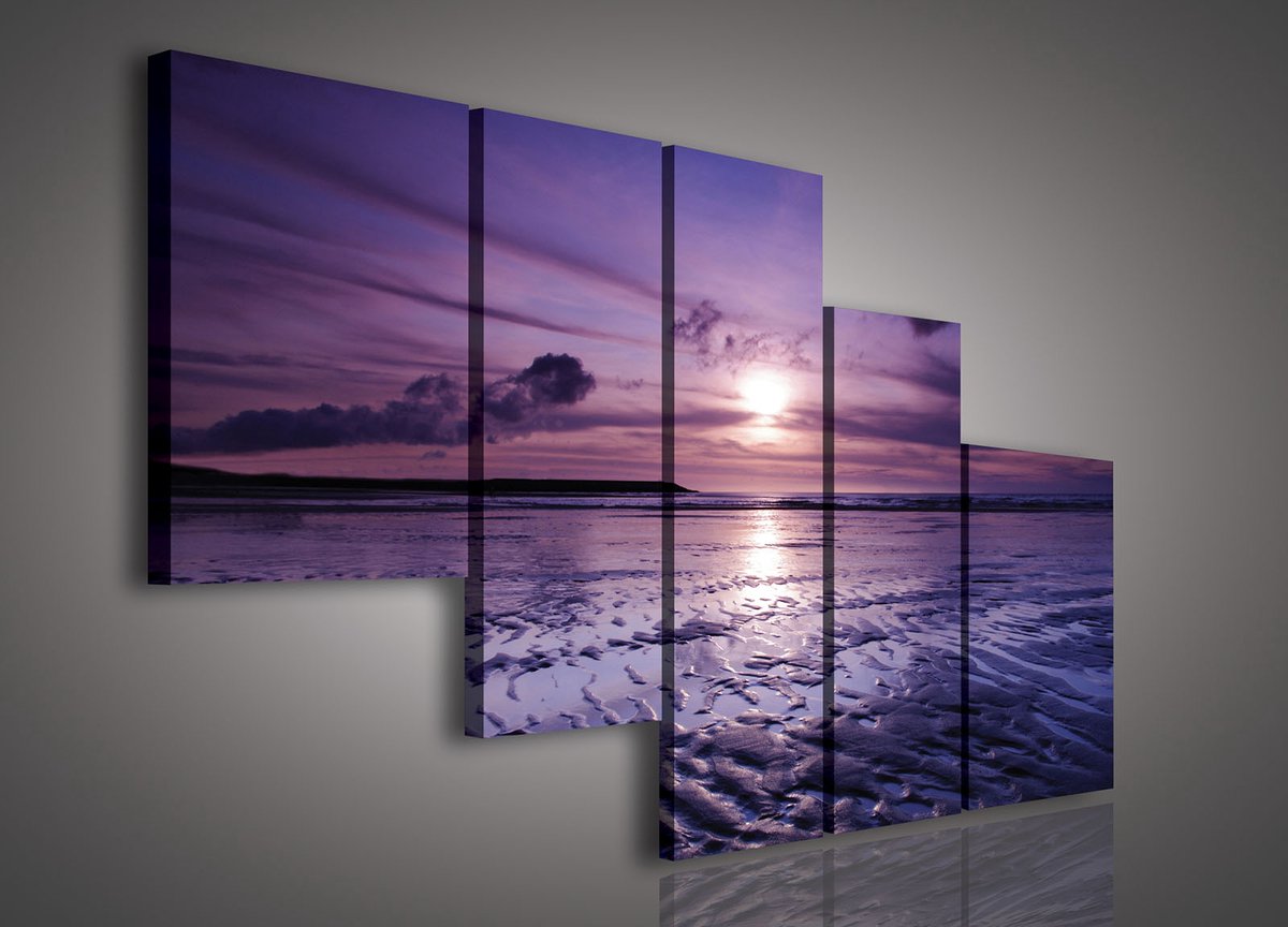 Canvas Schilderij - Zonsondergang - Strand - Wolken - Zon - Zee - Inclusief Frame - 170x100cm (lxb) - 5 Luiks - Paars