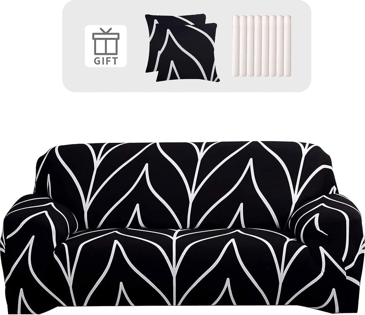 Unyqoos Bankhoes 1-zits stretch bankhoes elastische bankhoes spandex bankhoes met 3 kussenhoezen antislip wasbaar bankbeschermhoes bank zwarte lijn