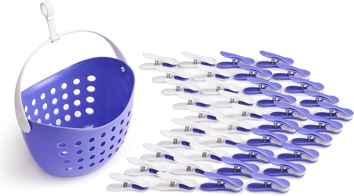 Goedkoopste Soft Clips met mand (40 stuks met mand/Very peri-wit/wit-very peri, mand very peri, handvat Premium wasknijpers