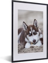 Photo encadrée - Puppy est sur la plage cadre photo noir avec passe partout blanc 40x60 40x60 cm - Affiche encadrée (Décoration murale salon / chambre)