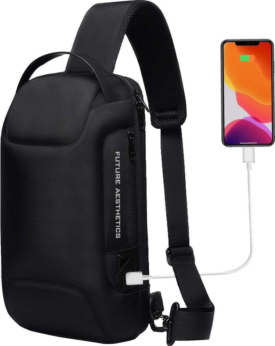 Schoudertas heren borstzak heren rugzak heren sling bag backpack schoudertas met USB-oplaadpoort anti-diefstal slot voor outdoorsport, A Zwart, Rugzak