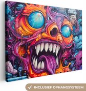 Canvas schilderij 80x60 cm - Wanddecoratie Monster - Graffiti - Kleuren - Oranje - Muurdecoratie woonkamer - Slaapkamer decoratie - Kamer accessoires - Schilderijen