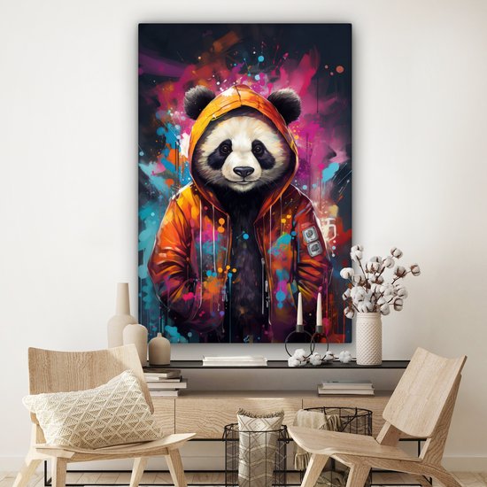 Tableau sur toile Panda - Manteau - Graffiti - Oranje - 120x180 cm - Décoration murale XXL