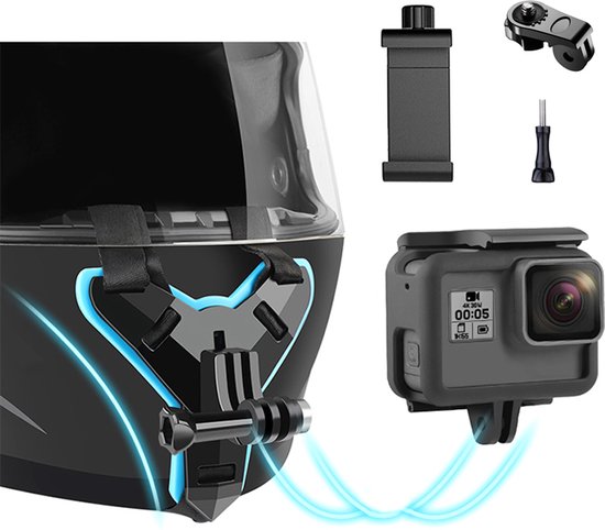 Helm Mount voor Motor en Fiets • Geschikt voor GoPro en Alle Action Camera's • Gratis Telefoonhouder • Helm Strap • Telefoon Ook Mogelijk
