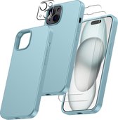 Hoesje Geschikt voor iPhone 15 – Zacht siliconen liquid backcover met 2x screenprotector gehard glas en 1x lens protector – Licht Blauw