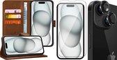 Hoesje geschikt voor iPhone 15 Plus - Screenprotector GlassGuard & Camera Lens Screen Protector Zwart - Book Case Leer Pasjeshouder Bruin