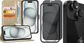 Hoesje geschikt voor iPhone 15 - Privacy Screenprotector FullGuard & Camera Lens Screen Protector Zwart - Book Case Leer Pasjeshouder Goud