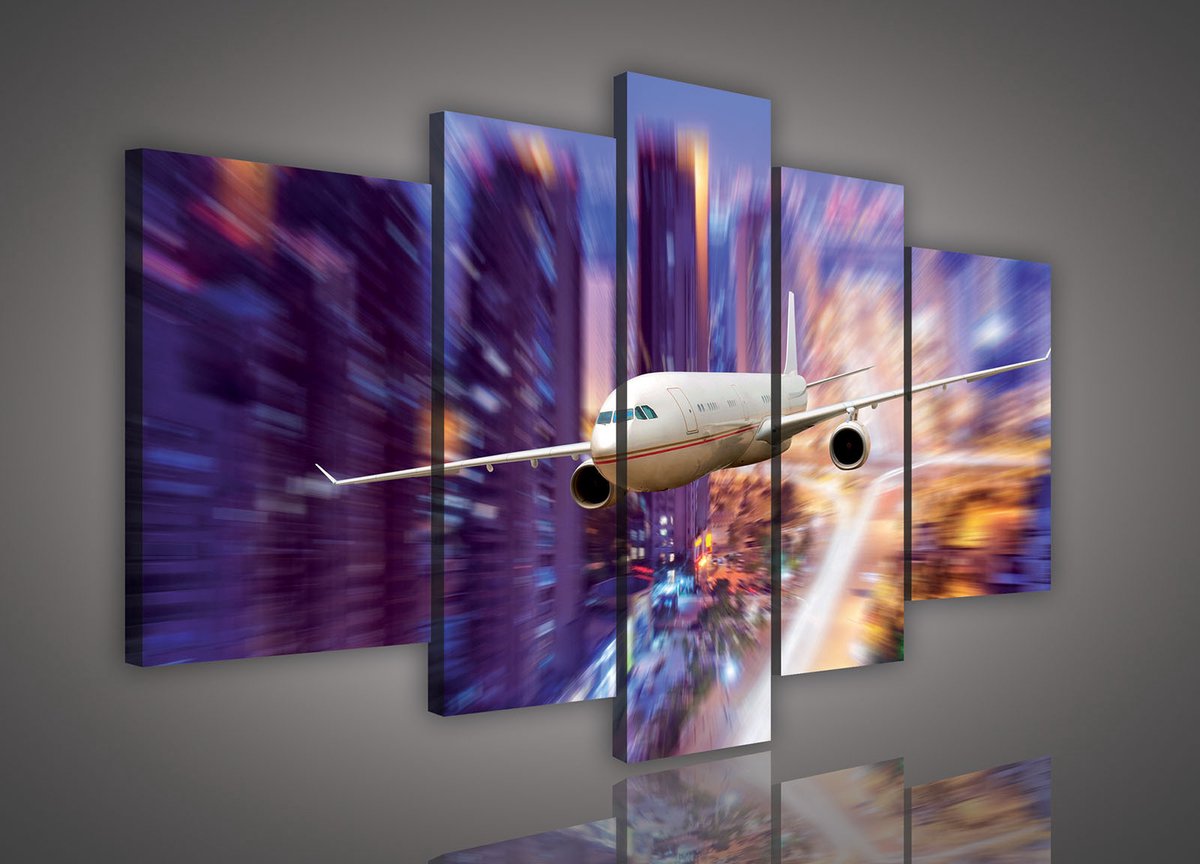 Canvas Schilderij - Vliegtuig - Stad - Toren - Steden - Inclusief Frame - 170x100cm - 5 Luiks