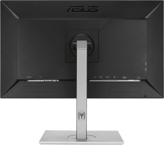 Achterkant van de ASUS ProArt monitor, met zilverkleurige standaard en zichtbare poorten.