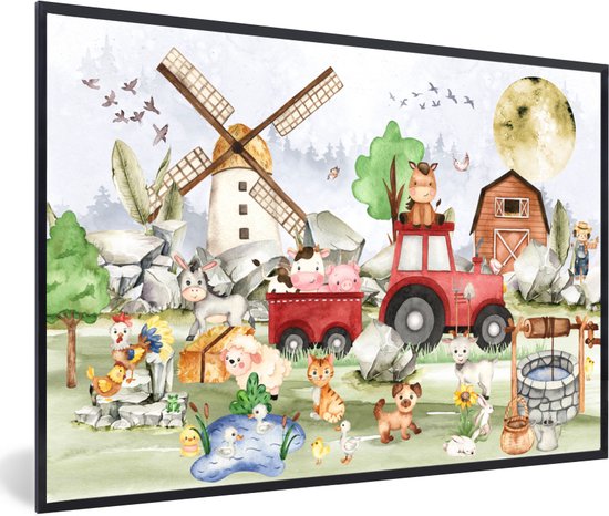 Poster in fotolijst kinderen - Boerderij - Trekker - Kinderen - Dieren - Wanddecoratie jongens - Poster kinderkamer - Kinderkamer decoratie - 30x20 cm - Kinder decoratie