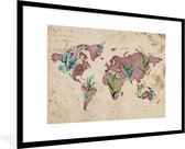 Wereldkaart de l'aquarelle violette avec des feuilles tropicales 120x80 cm