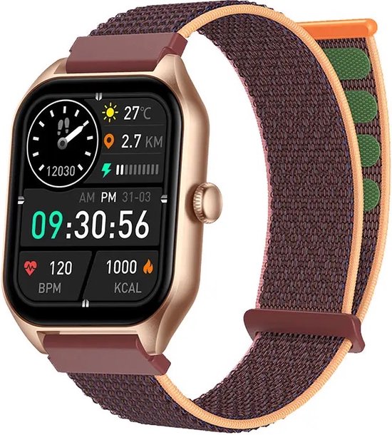 Royal Supplies C50 - Smartwatch- Smartwatch Dames & Heren - Screenprotector - 2024- Bellen- HD Touchscreen - Horloge - Stappenteller - Bloeddrukmeter - Saturatiemeter - IOS & Android -Bruin Neylon