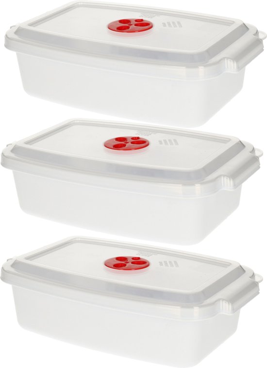 Bol pour micro-ondes Plastic Forte - 3x - couvercle/valve - 1,6 litres - blanc - plastique - rectangulaire