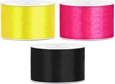 Rubans décoratifs/rubans cadeaux/rubans de satin - Set 3x pièces - jaune/rose/noir - 38 mm x 25 mètres