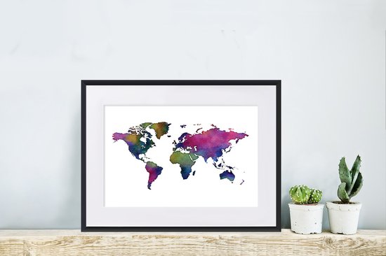 Wereldkaart en aquarelle avec des couleurs sombres sur fond blanc 30x20 cm
