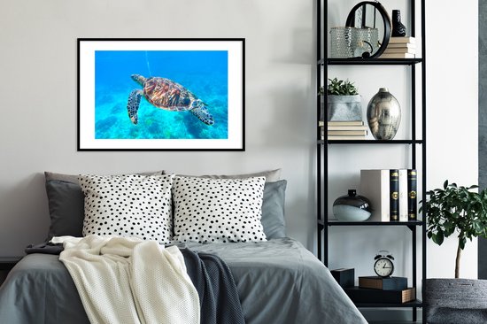 Affiche avec cadre Tortue - Mer - Blauw - 90x60 cm