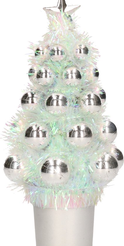 Mini kunst kerstboompje zilver met kerstballen 19 cm - Kerstversiering - Kunstboompje