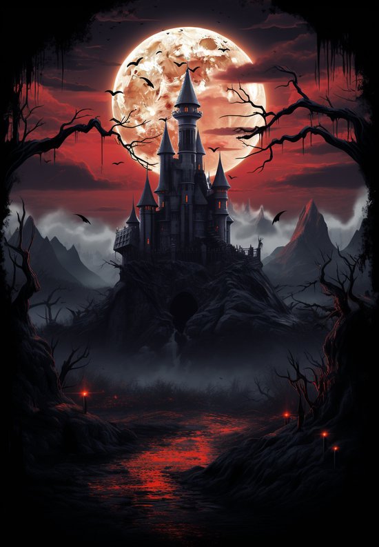 Pompoen Poster | Bloedmaan | Halloween Poster | Halloween Decoratie | Halloween Versiering | Sint Maarten | Horror Poster | 51x71cm | Geschikt om in te lijsten