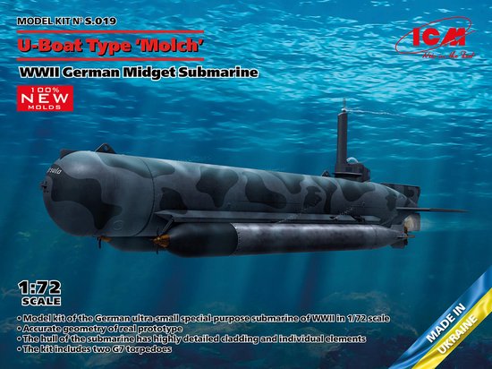 1:72 ICM S019 U-Boat Type - Molch - WWII Germen Midget Submarine Plastic Modelbouwpakket