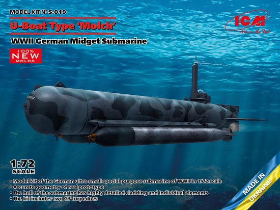 ICM Modelbouwpakket Militaire voertuigen - S019 U-Boat Type - Molch - WWII Germen Midget Submarine Plastic - 1:72 - Modelbouw
