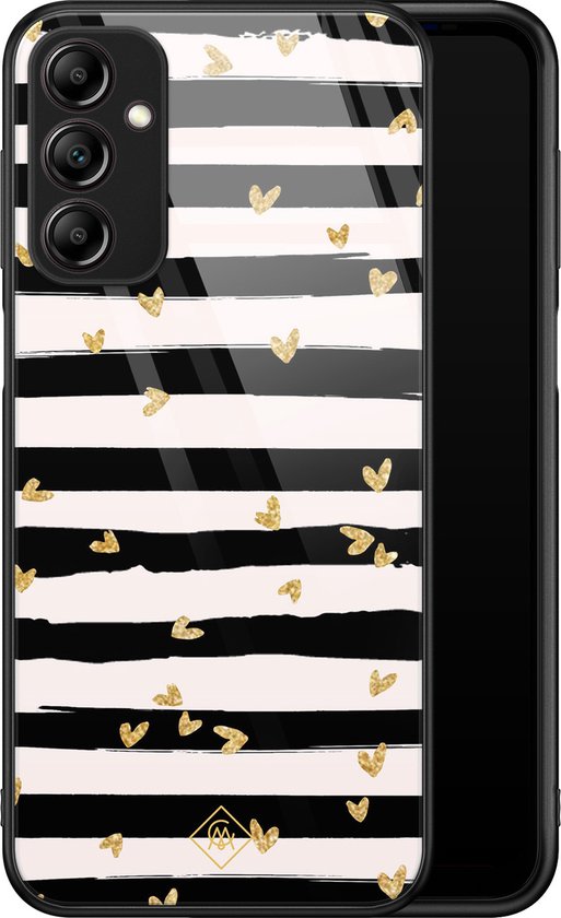 Coque en verre Samsung Galaxy A14 - Rayures coeur - Zwart - Hard Case Zwart - Coque téléphone Back cover - Rayé - Casimoda