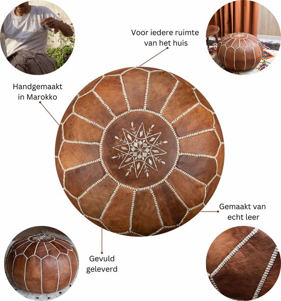 Collage van productfoto's van een cognacbruine lederen poef, met afbeeldingen van de handgemaakte details en het borduurwerk.