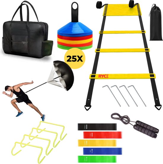 RYCE Sports - Fitness XXL Complete Training Set - Voetbal Trainingsmateriaal - Trainingsladder 7 meter - Trainingshoedjes 25x - 4x Horden - 5x Weerstandsbanden - Springtouw - Spullen