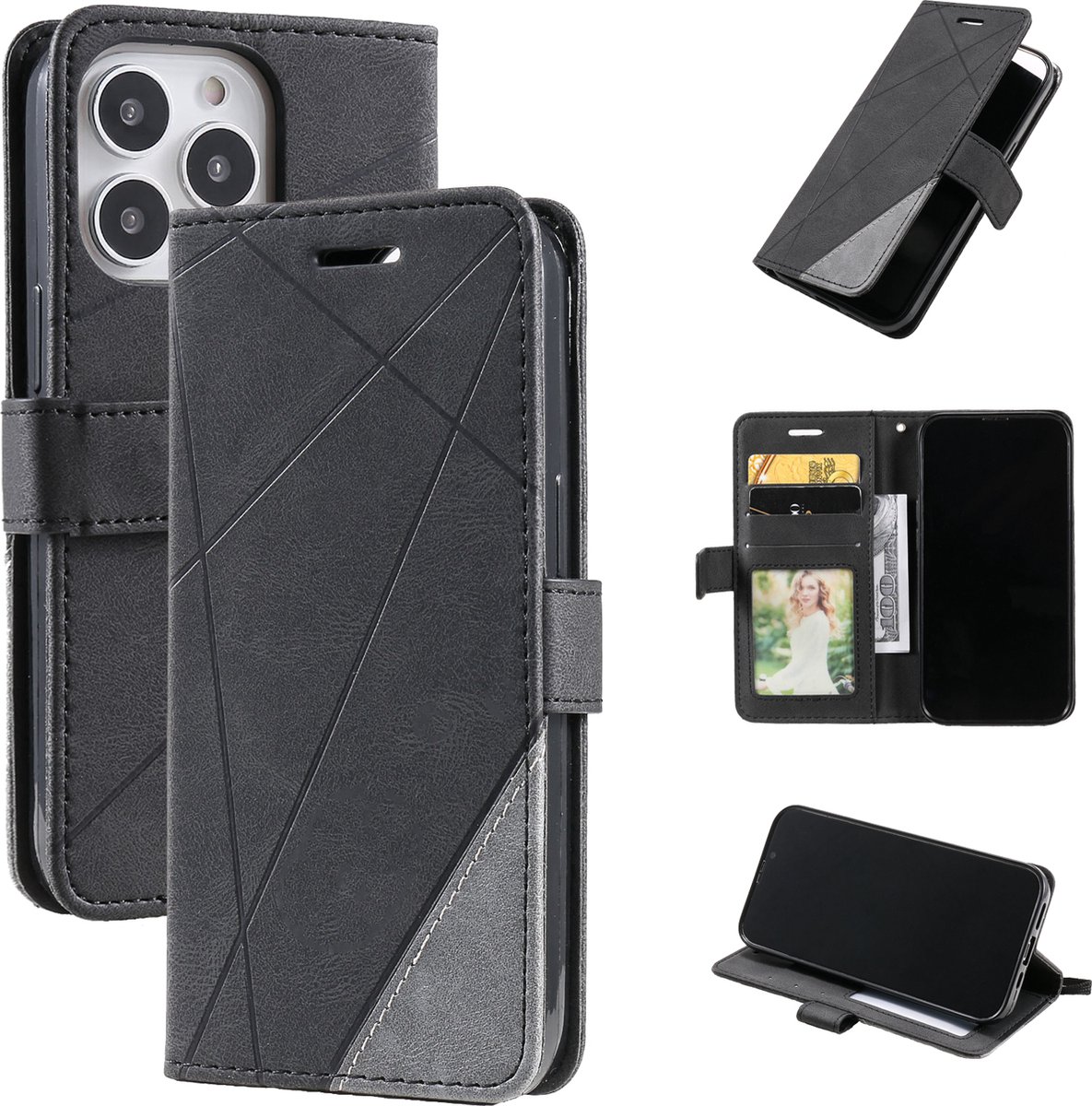 iPhone 15 Pro Max Telefoonhoesje - Hoogwaardig PU Leren Hoesje - Luxe Uitstraling - Pasjeshouder - Zwart