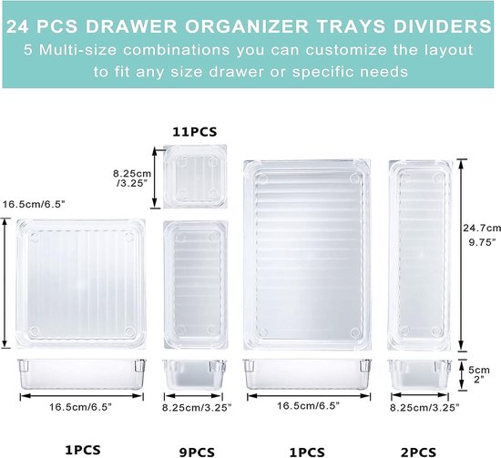 SENENQU 24-delige set laden organiseersysteem kantoor, kunststof bureau organizer voor laden, lade organizer kantoor voor keuken, badkamer, kantoor accessoires, kaptafel, slaapkamer - donkergrijs