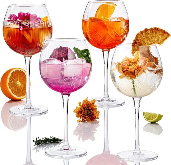 Gin- en cocktailglazen, set van 4 handgemaakt en exclusief – verschillende graveerpatronen – gin-tonic, longdrink, aperol spritz drinkglas, glazenset