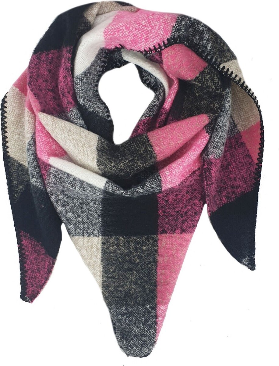 Zachte wintersjaal driehoeksjaal dames sjaal ruit pink wolwit zwart