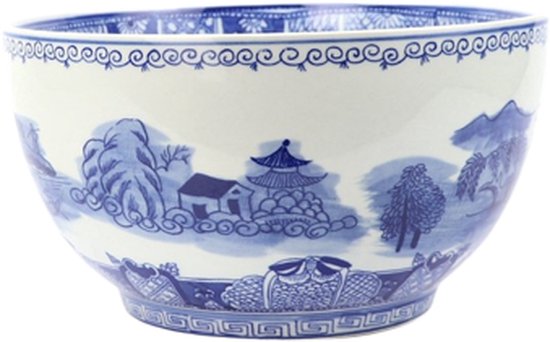 Blauw-wit porseleinen fruitschaal met een Chinees landschap van pagodes, bomen en heuvels.