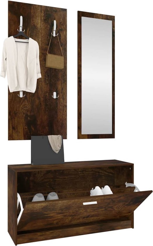 The Living Store Meuble à chaussures Chêne - 80 x 27 x 46,5 cm - espace de rangement - porte-manteau - miroir